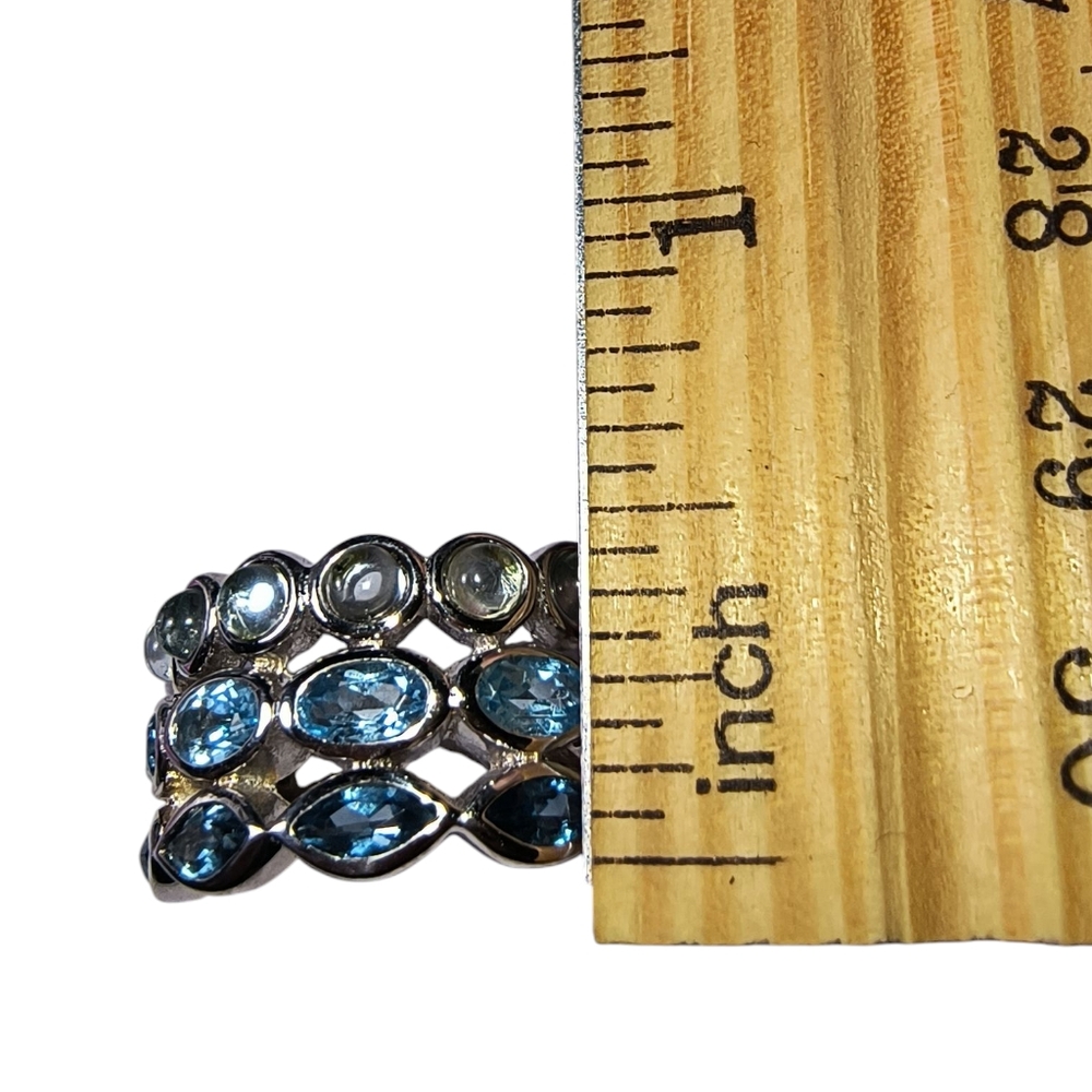 Three Row Mixed Blue Topaz Ring In Sterling Silver - Picture 4 of 11